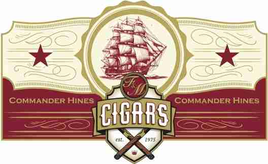 A premium Commander Hines Cigars label featuring a detailed sketch of a vintage sailing ship, the text "CIGARS est. 1975," and elegant gold, cream, and deep red branding elements.
