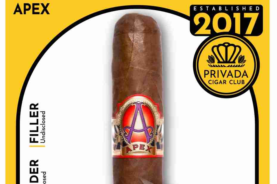 Privada Cigar Club release #149 APEX Toro (6 x 52) cigar featuring a rich dark brown wrapper and an ornate red, purple, and gold band with a stylized letter A. The product graphic displays undisclosed blend specifications alongside a magnified circular inset showcasing the fine grain and texture of the wrapper leaf.