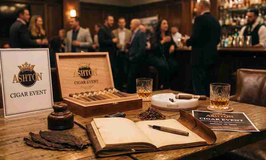 An open wooden box filled with cigars and an Ashton Cigar Event sign sit on a rustic table alongside lowball whiskey glasses, a fountain pen, an open ledger, and dried tobacco leaves, while well-dressed guests socialize in a dimly lit lounge background