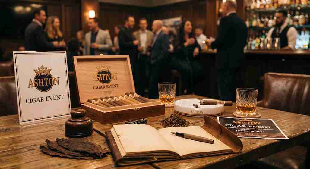 An open wooden box filled with cigars and an Ashton Cigar Event sign sit on a rustic table alongside lowball whiskey glasses, a fountain pen, an open ledger, and dried tobacco leaves, while well-dressed guests socialize in a dimly lit lounge background