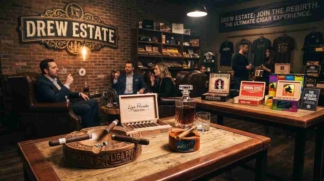 People enjoying cigars in a cozy leather-seated lounge beneath a prominent wooden Drew Estate sign, with Liga Privada and Acid cigars, branded ashtrays, decanters, and product display boxes arranged on rustic wooden tables.