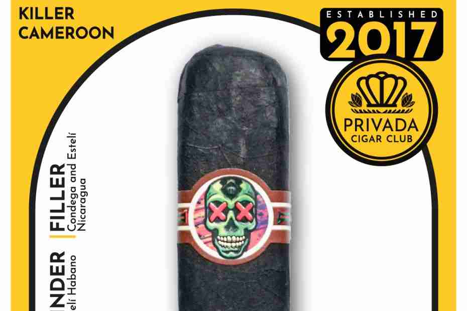 A dark box-pressed Privada Cigar Club Killer Cameroon #151 cigar aged 1 year, measuring 5.5x54 with a green sugar skull band against a yellow and white informational card background.