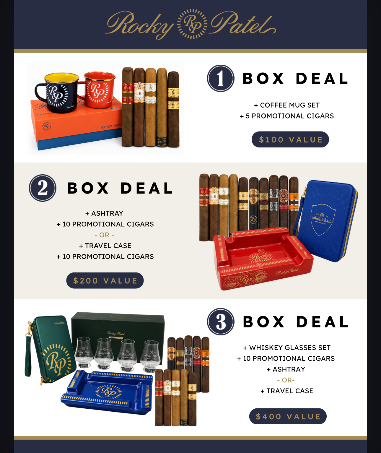 A promotional graphic for Rocky Patel tiered box deals featuring cigars, branded coffee mugs, red and blue ashtrays, leather travel cases, and a whiskey glass set against a light background.